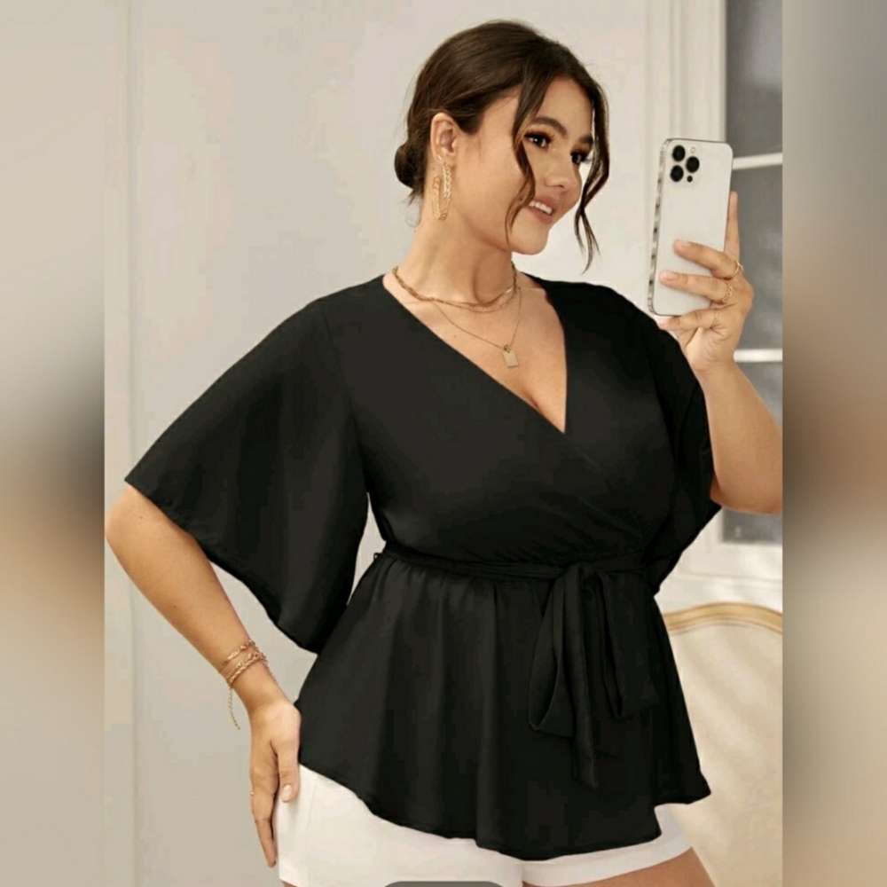 NEW! Surplice wrap front, Belted,Ruffled Peplum hem Blouses - Picture 2 of 4
